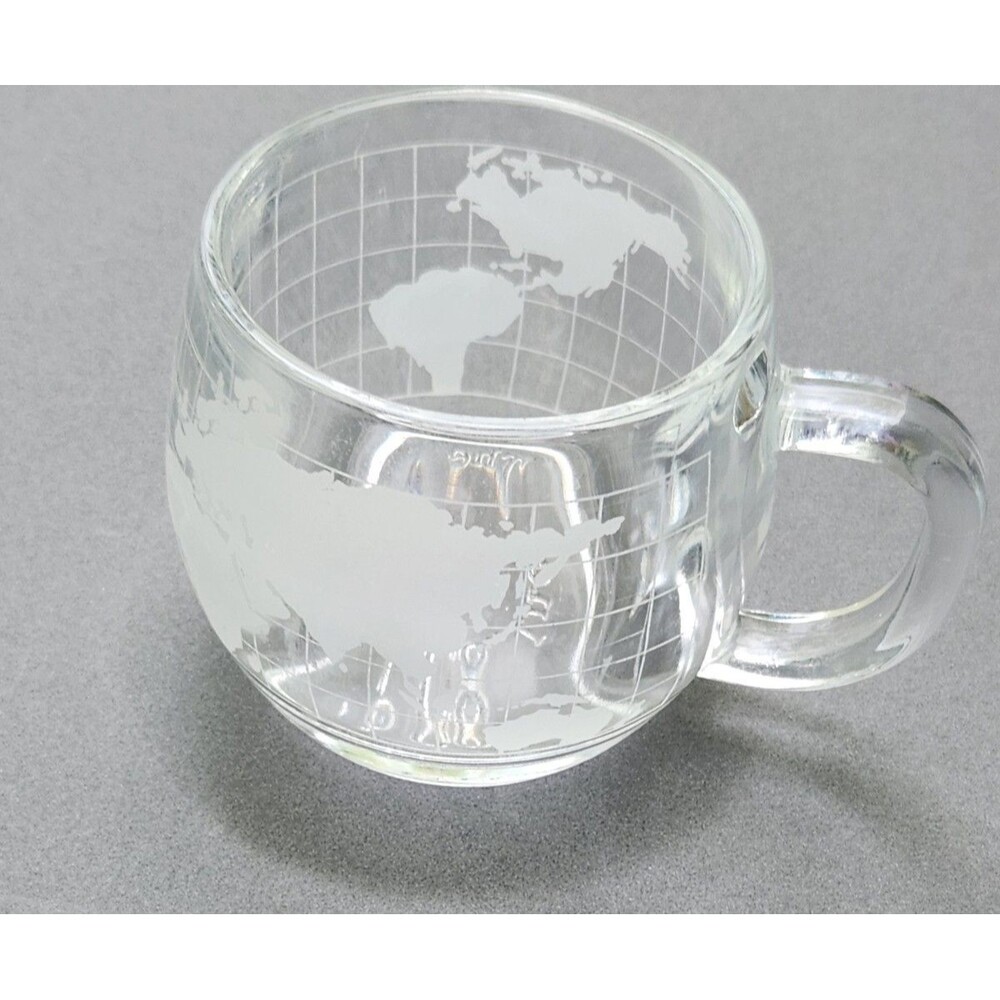 Vintage Nestle Nescafe Etched Clear Glass World Globe Coffee Tea Mug Cup 1970’s